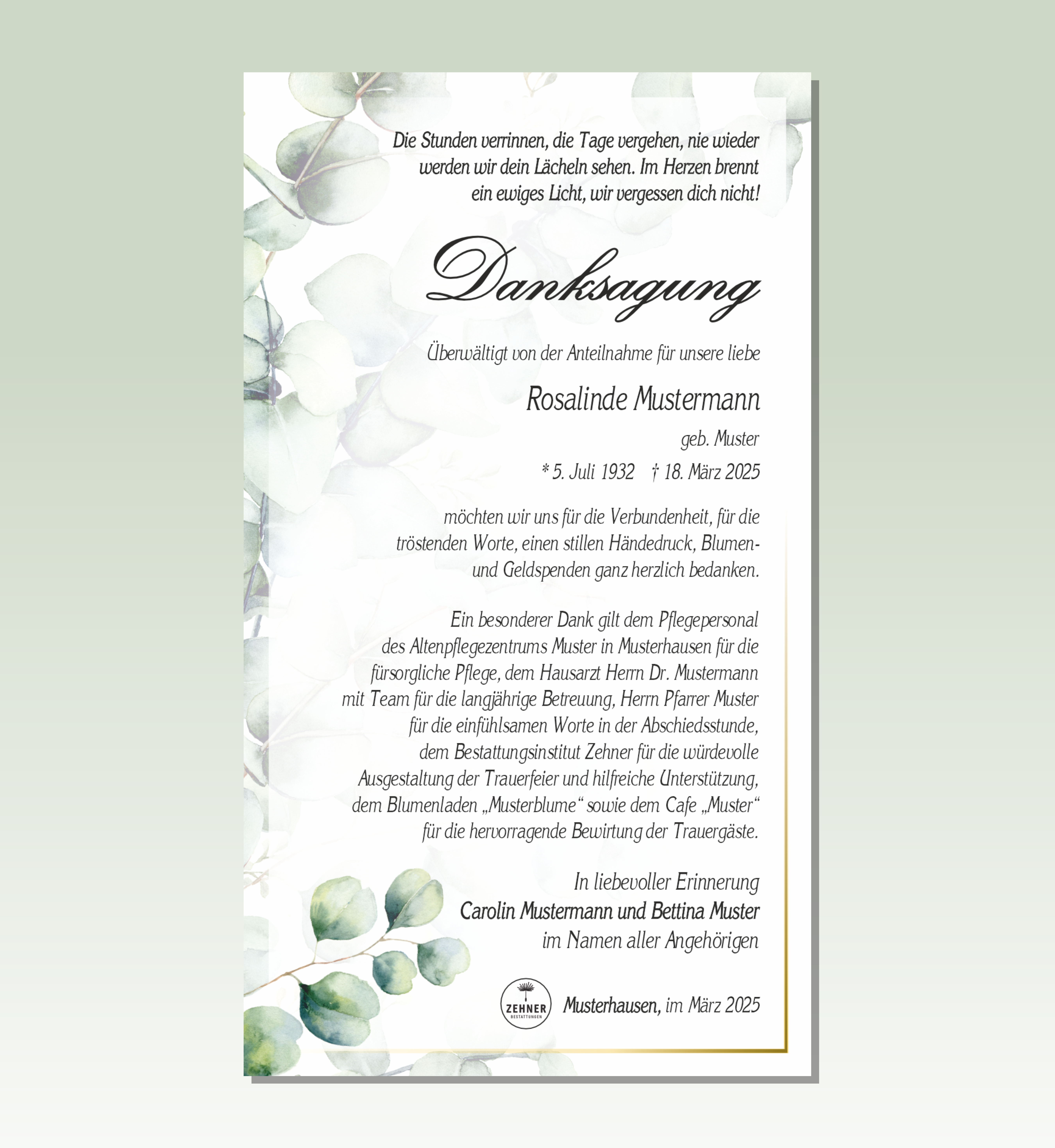 Zehner Bestattungen Trauerdruck Danksagung