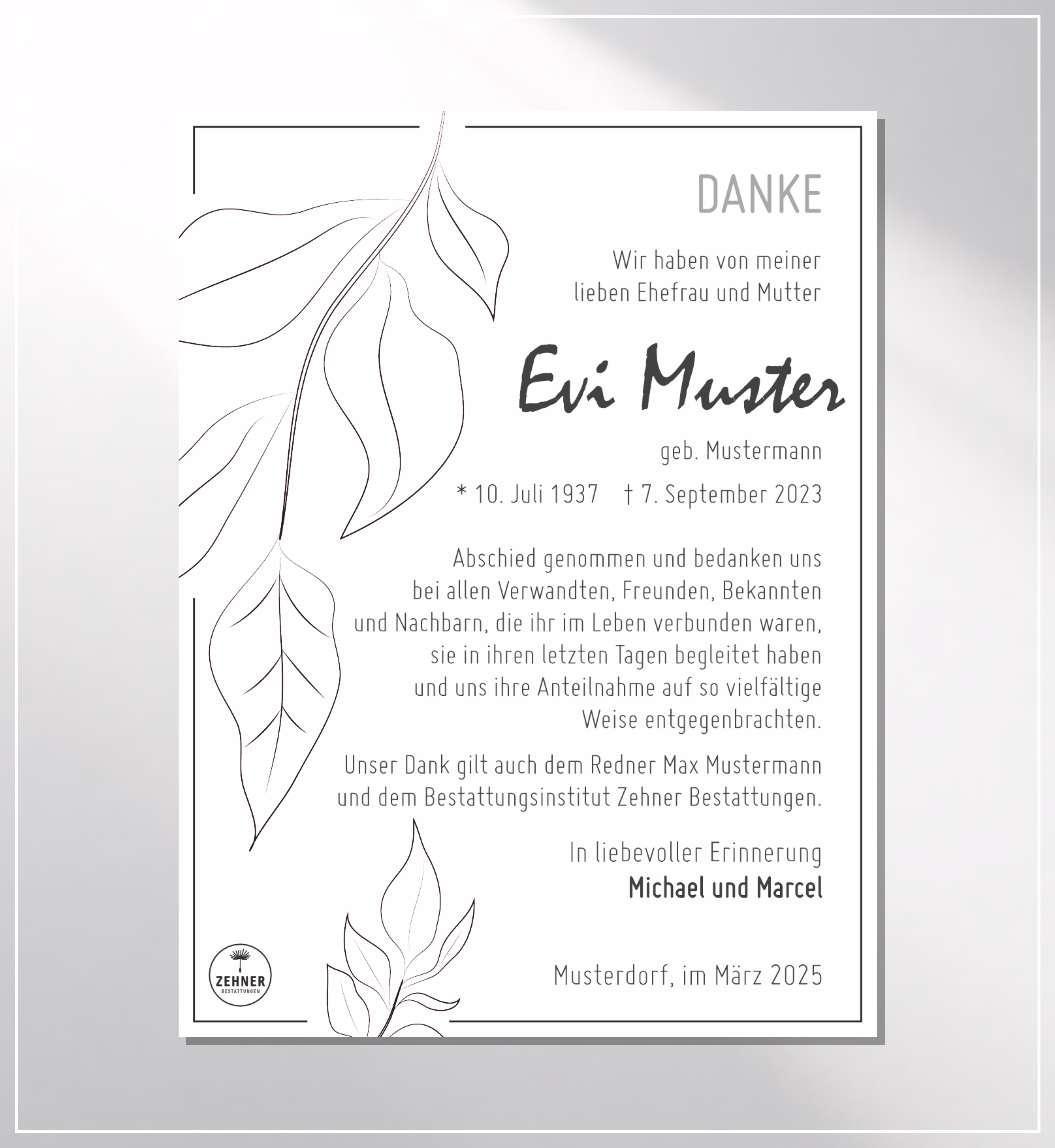 Zehner Bestattungen Trauerdruck Danksagung