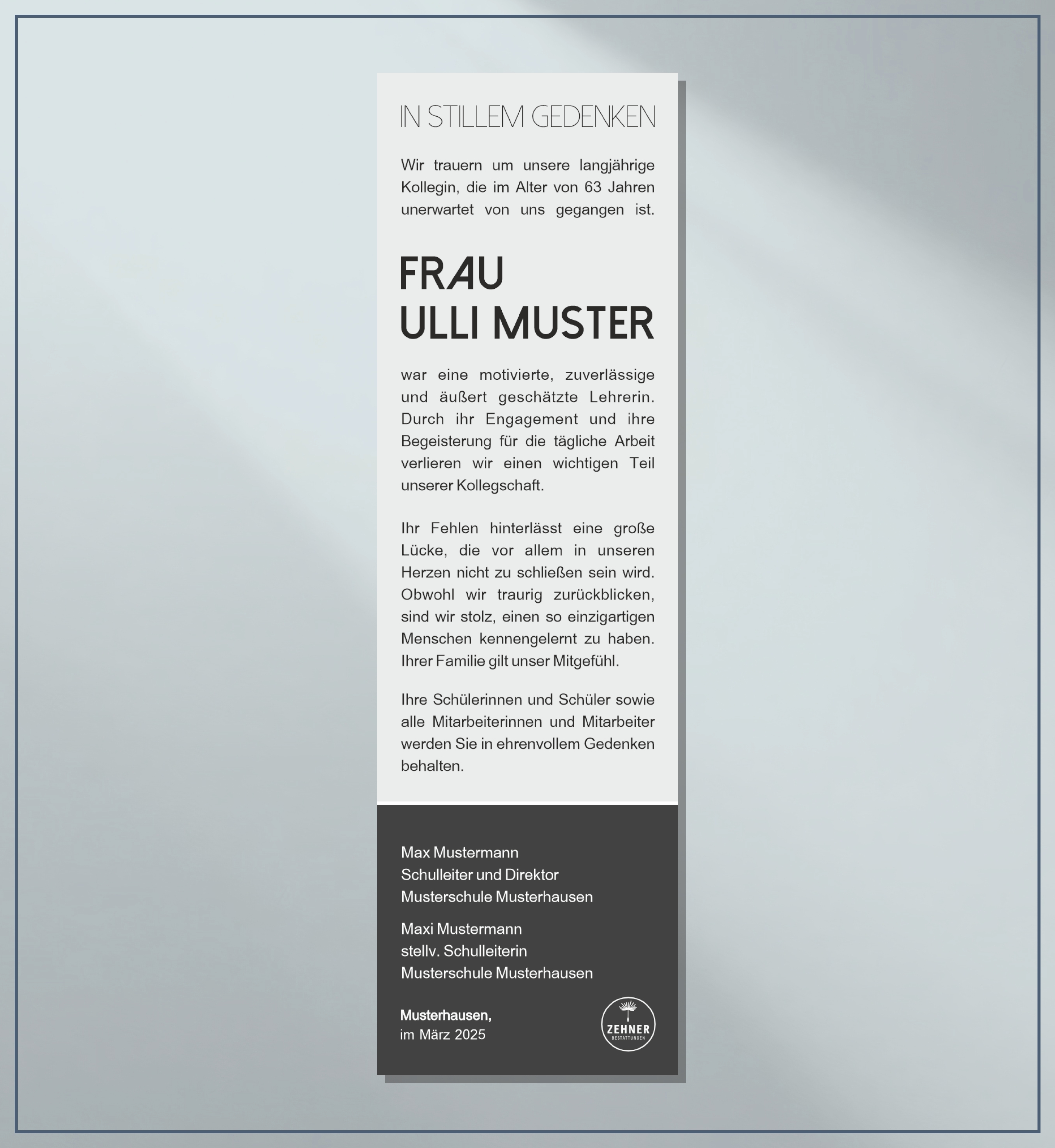 Zehner Bestattungen Trauerdruck Nachruf