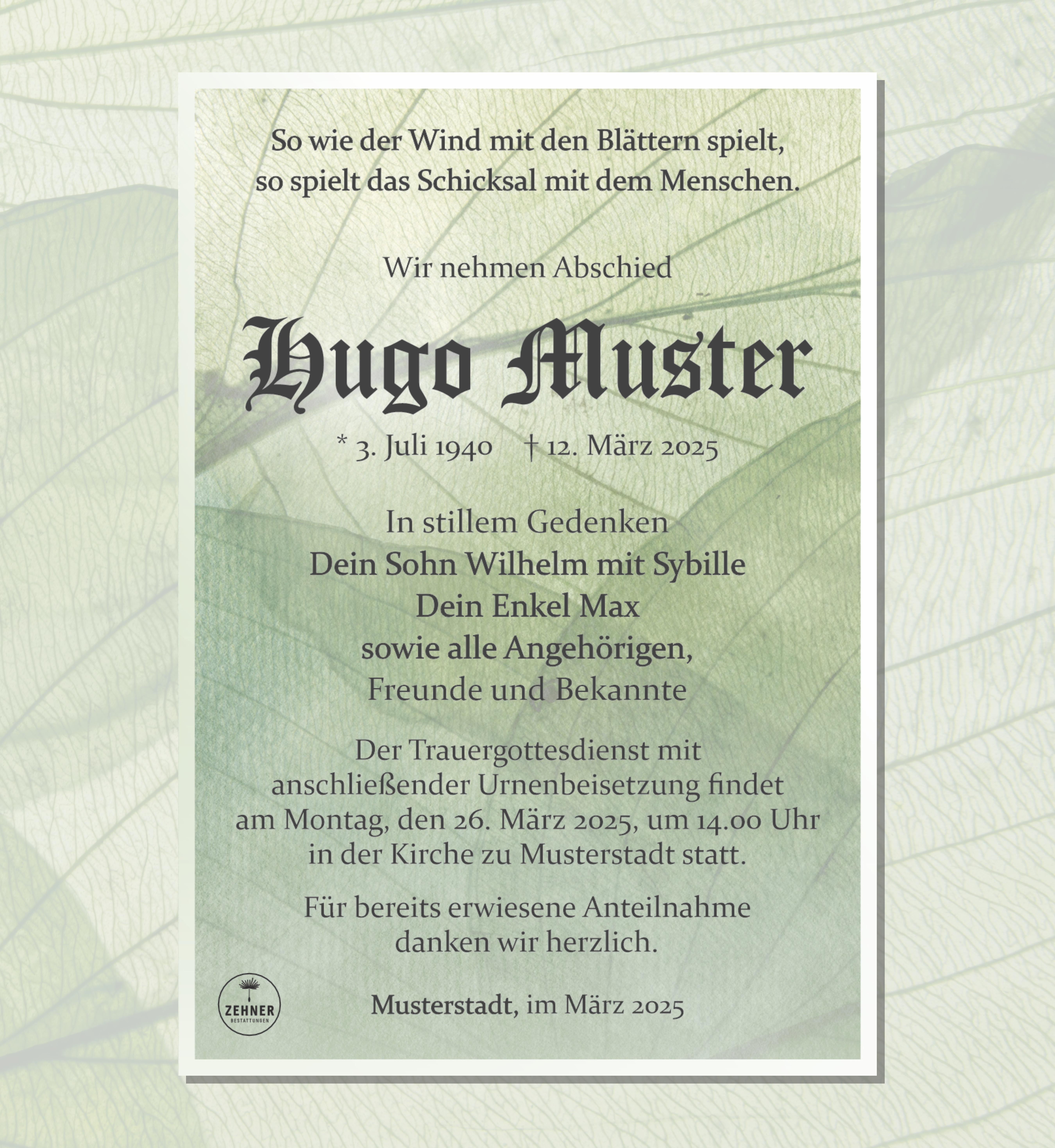 Zehner Bestattungen Trauerdruck Traueranzeigen