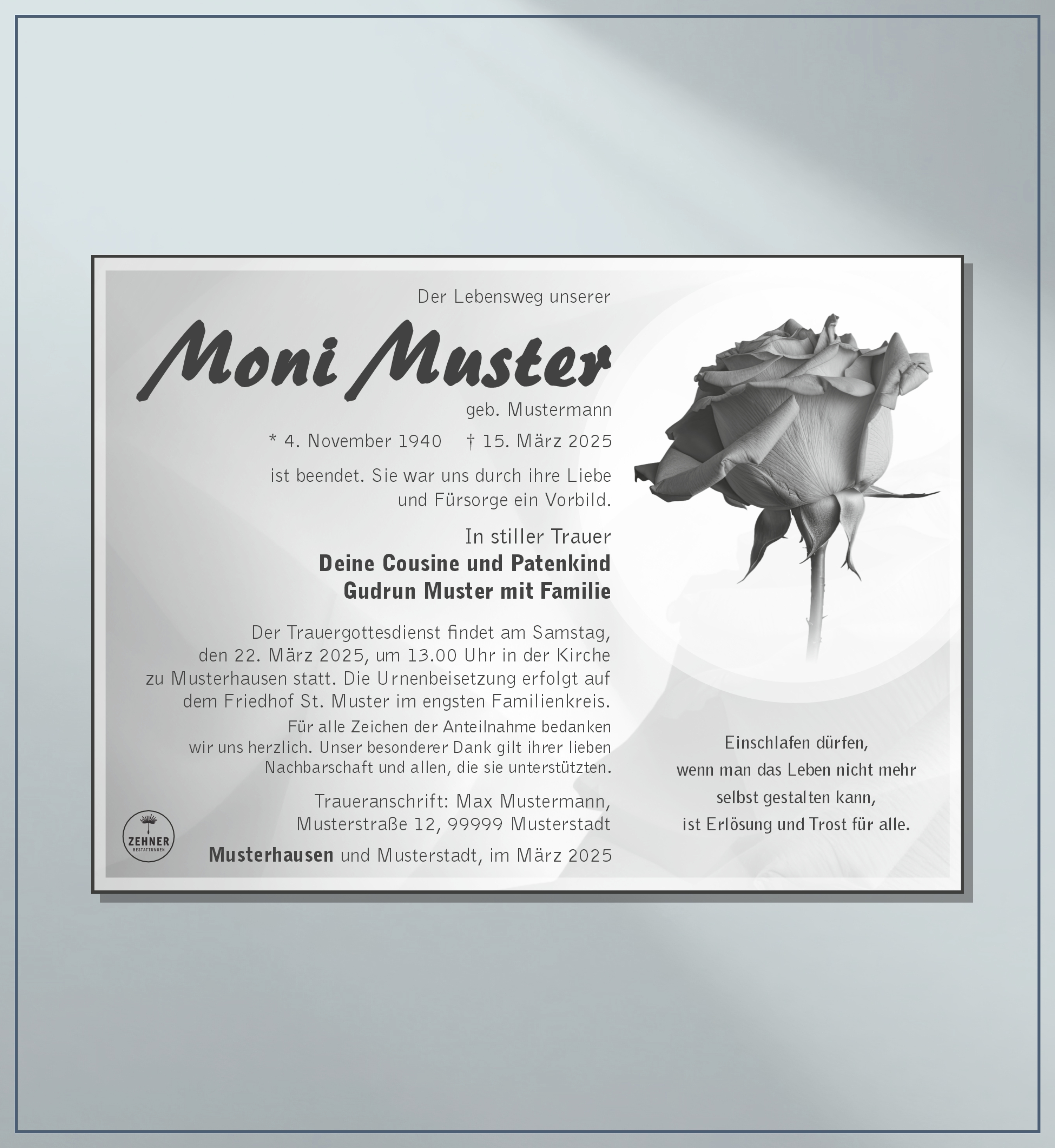 Zehner Bestattungen Trauerdruck Traueranzeigen